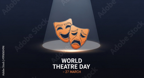 Theatrical masks on spotlight for world theatre day on march 27th drama and comedy symbols