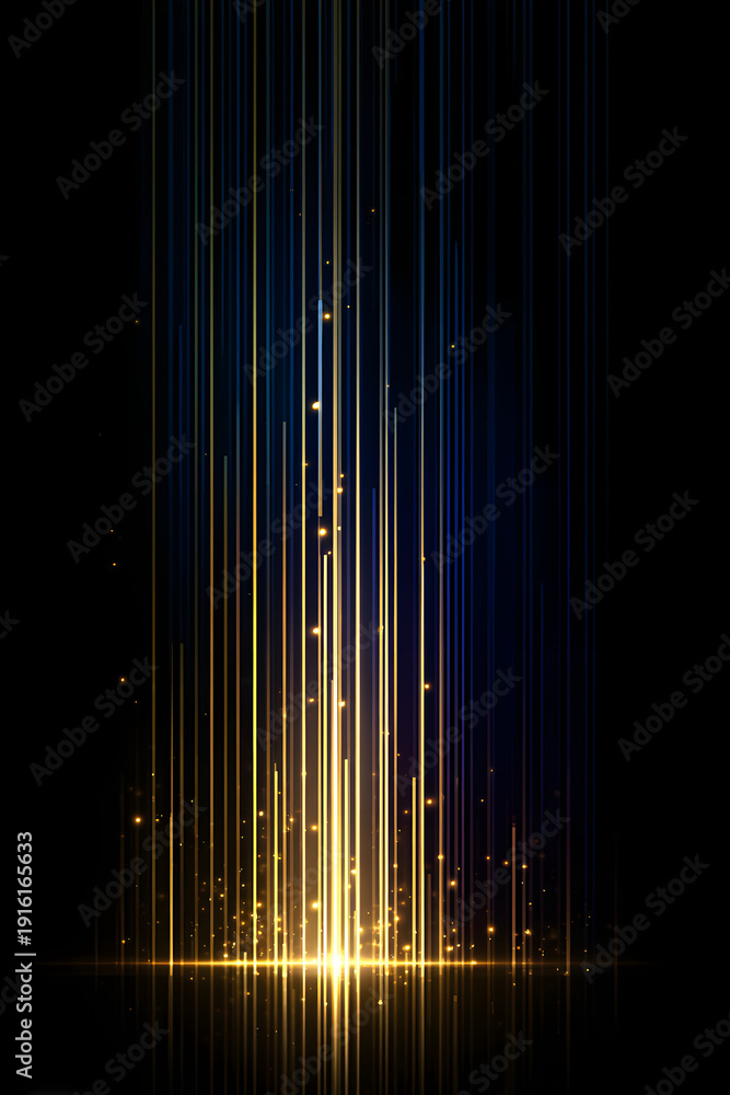 Fototapeta premium Subtle abstract data stream at bottom with golden blue particles and vast dark space