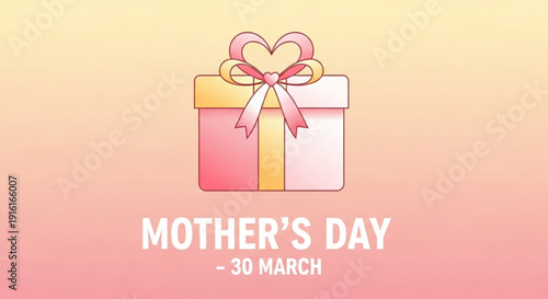 Mother's day gift box with pink and yellow ribbon on gradient background