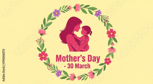 Mother's day floral wreath with mother and child silhouette on yellow background