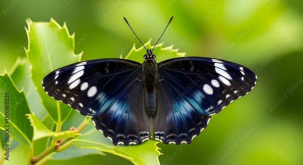 Fototapeta premium Stunning black butterfly with white spots on vibrant green leaves