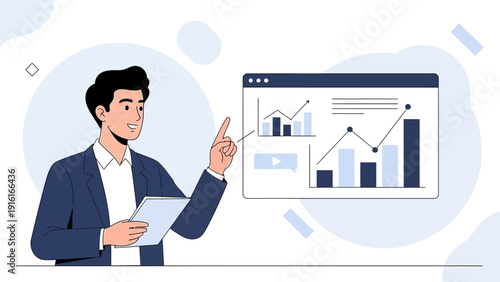 Business man pointing at financial analytics chart on screen, data visualization