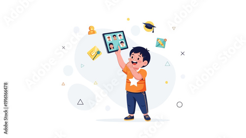 Boy learning online with tablet, happy kid with virtual class, education concept