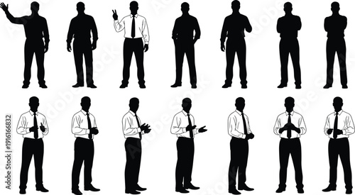 Collection of businessman silhouettes in various poses and actions Keywords: businessman, silhouette, man, male, person