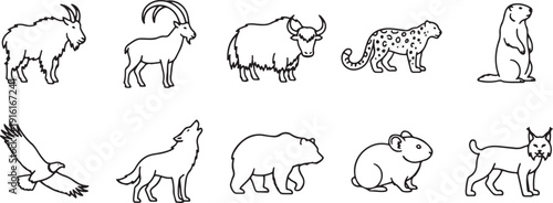 Farm and Wildlife Animal Line Icon Set Featuring Goat Sheep Yak Leopard Bear Deer Eagle Tiger Camel Icons, Simple Outline Vector Pack for Agriculture, Nature, Wildlife Design