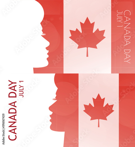 Canada Day banner pack. Vector illustration with canadian flag colors, person silhouette for web panel, event, social media post. Patriotic celebration backdrop, background