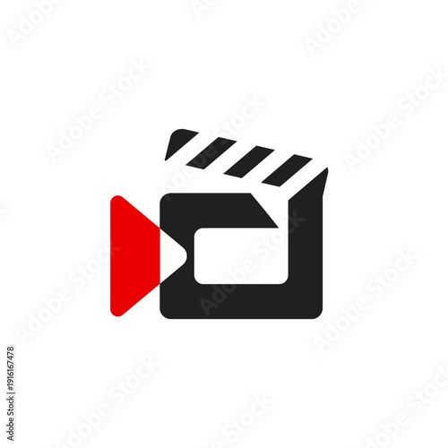 Video production clapper board and play button icon, symbolizing filmmaking and media creation with a modern, stylized design for digital content