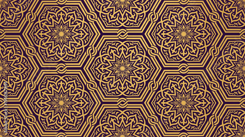 Intricate golden geometric pattern with hexagonal motifs and elaborate arabesque designs on a dark background, creating a luxurious and elegant seamless texture.