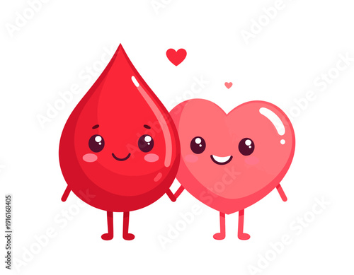 Cute cartoon blood drop and heart holding hands, symbolizing donation and health.