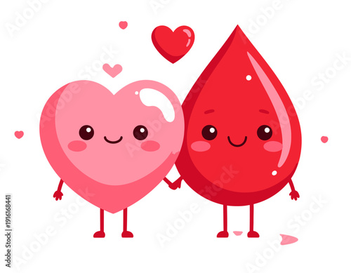 A cute pink heart and red blood drop cartoon characters holding hands, symbolizing love and blood donation.
