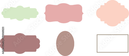 Collection of pastel colored blank decorative frames and shapes, including ornate labels, an oval, and a rectangle, on a clean white background.