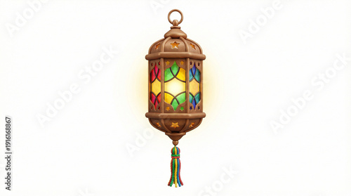 Ornate metallic lantern with colorful stained glass panels and a glowing light source, featuring a decorative tassel.