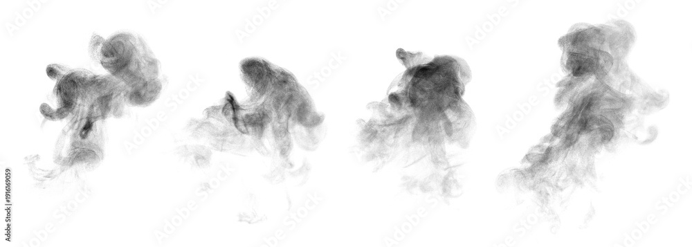 Fototapeta premium set black abstract smoke and cold steam on a white background with rising mist, vapor, fog, and haze. smog isolated in light and dark tones. creating soft, atmospheric effect, food, coffee, cigarette