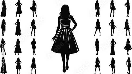 Collection of black female fashion silhouettes in various dresses and poses Keywords: female fashion, silhouettes, dresses