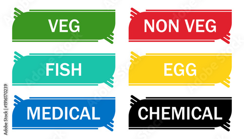 Ribbon Label Icons Set – Veg Non-Veg Fish Egg Medical Chemical Category Banners