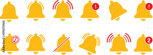 Notification bell icon set. Alarm symbol. Incoming message symbol. Bell for subscribe, alarm and push chat alert. New notification, reminder