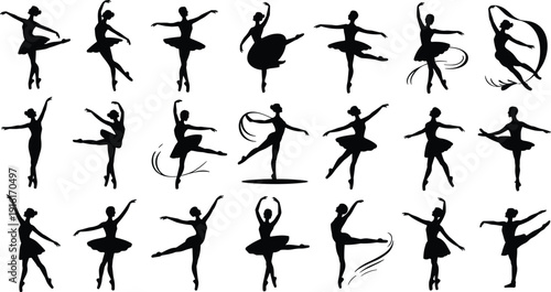 Collection of Elegant Ballerina Silhouettes in Various Dance Poses and Ballet Positions for Performing Arts Theater and Classical Dance Design (21 words)
