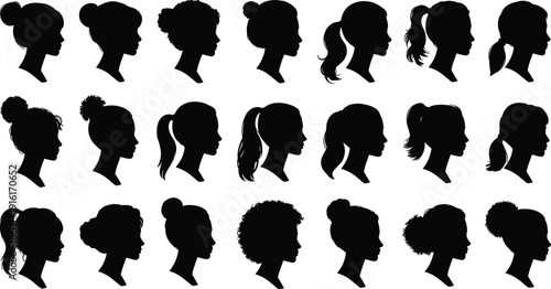 Collection of Female Head Profile Silhouettes Featuring Various Hairstyles Bun Ponytail and Curly Hair for Beauty Salon and Fashion Graphic Design (21 words)