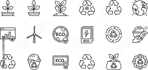 Illustrations depicting various sustainability and eco-friendly concepts and practices isolated on transparent background, Vector