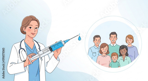 Female doctor in white coat holding syringe near diverse family bubble illustration