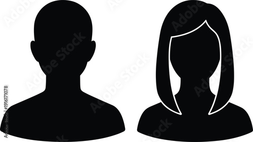 Black silhouette icons of male and female avatars with shoulders user profile