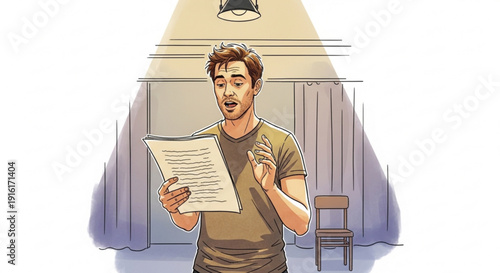 Man holding script standing on stage under spotlight with chair behind