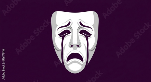 Tragic theater mask with sorrowful expression on deep purple background symbolizing drama and emotional performance art