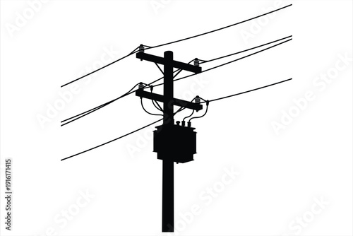 Black silhouette of a utility pole with transformer and multiple wires electricity power line