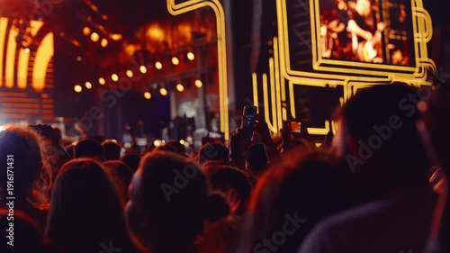 Crowds gather for live concert under lights in bustling outdoor venue at night