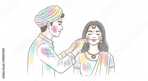 Couple celebrating holi festival with colorful powder man applying colors to woman's face
