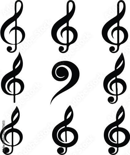Music clef icon set, treble and bass clef silhouettes vector collection for musical notation.