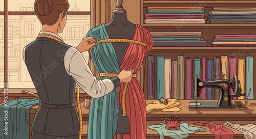 Tailor measuring mannequin with colorful fabrics in sewing workshop fashion design process with measuring tape