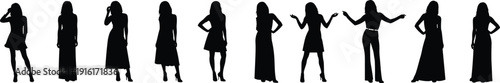Silhouettes of women in elegant dresses and pantsuits on white background Keywords: women, silhouettes, fashion, elegant