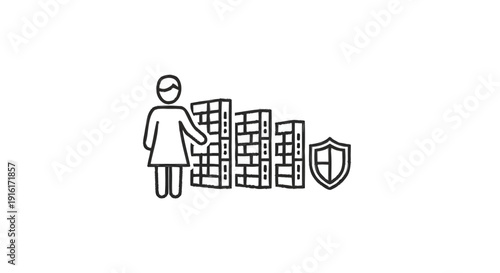 Woman Building Financial Security with Stacked Coins and Shield.