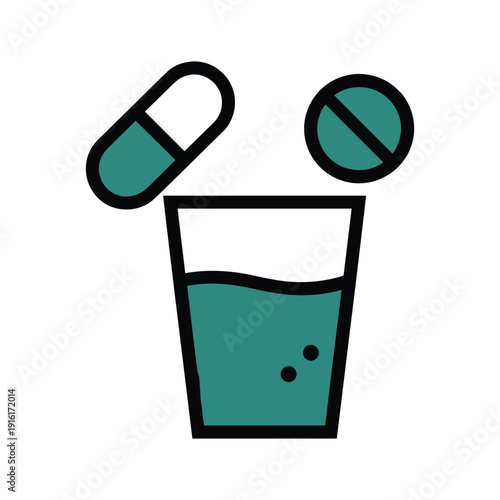 Teal glass of water with two pills capsule vector illustration isolated on white background