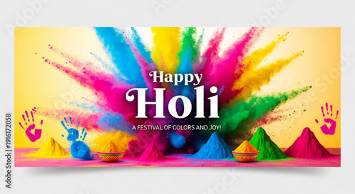 Vibrant holi festival celebration with colorful powder and joyful text on yellow background