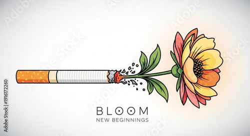 Colorful flower emerging from cigarette butt symbolizing new beginnings and quitting smoking