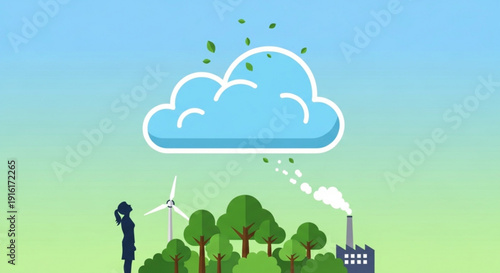 Eco friendly environment with wind turbine green trees and pollution contrast symbolizing sustainable living and climate change