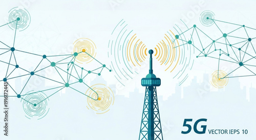 5g network tower with radio waves and connections on light background