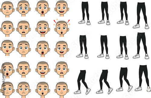 Cartoon character faces showing various emotions and animated legs with sneakers Keywords: cartoon, face, expression, emotion