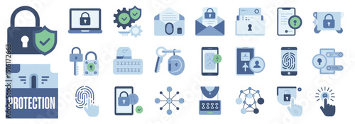 vector protection silhouette icon set with safety equipment symbols, warning shields, guarded systems, protection emblems, and clean editable vector silhouettes for branding use.