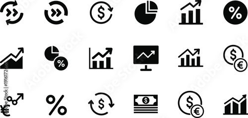 Collection of icons representing financial and economic concepts and symbols isolated on transparent background, Vector