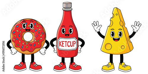 Cartoon donut ketchup bottle and cheese characters with arms and legs vector illustration