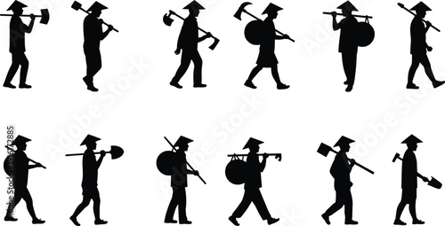 Set of black silhouettes featuring Asian farmers wearing conical hats, carrying traditional tools, shovels, and baskets for rural agricultural work.