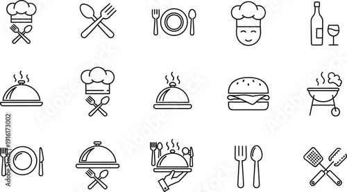 Restaurant and Dining Line Icon Collection with Chef Hat Burger Wine Plate and Serving Cloche Vector Illustration