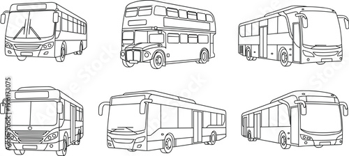 City Bus Line Art Collection with Double Decker and Modern Public Transport Vehicle Vector Illustration Set
