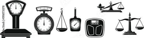 Weighing Scale Silhouette Set with Kitchen Industrial and Balance Measurement Equipment Vector Illustration
