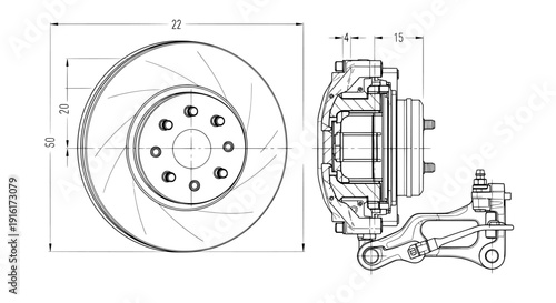 Disc brake system technical drawing and cross section schematic