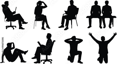 Set of black silhouettes featuring people in various sitting and kneeling poses, including office work, relaxation, and celebratory gestures.