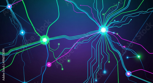 Neuron network visualization with glowing connections and nodes on dark background